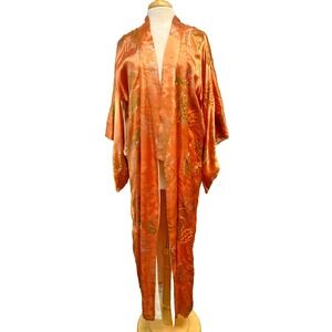 Vintage Japanese Kimono Apricot Silk Green Silver Dragon Print Lined + Sash SZ M